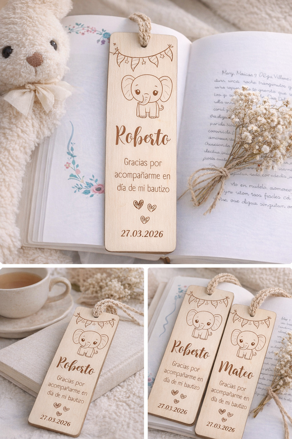 Marcapáginas de Madera Personalizado para Bautizo – Recuerdo Grabado con Nombre y Fecha