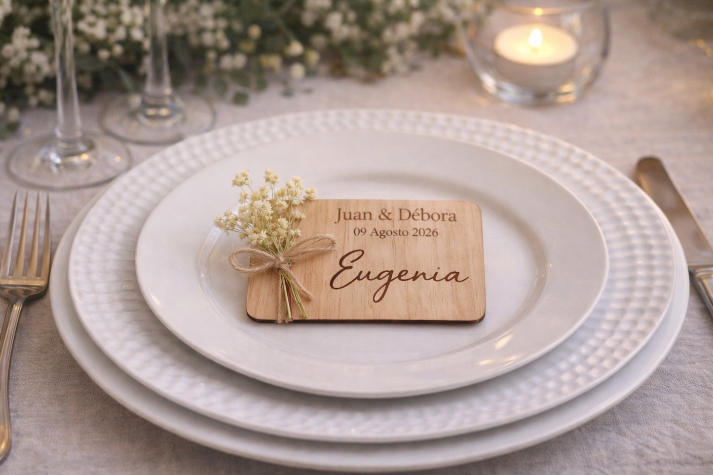 Marcador de Sitio Personalizado en Madera con Ramito Seco | Detalle de Boda Natural