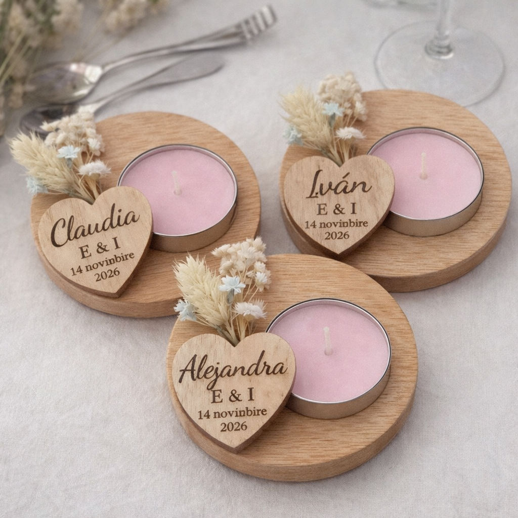 Marcasitio de Boda Personalizado con Vela – Detalle Natural en Madera Grabada