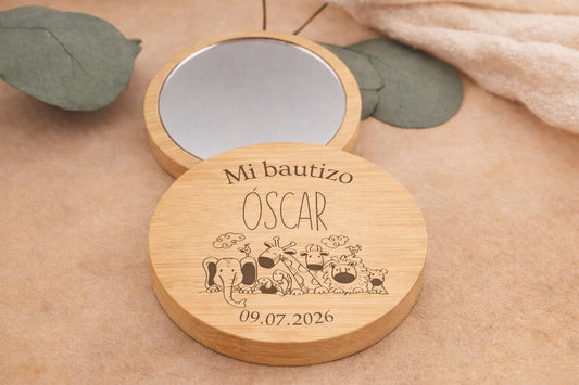 Espejo de mano de madera grabado personalizado – Recuerdo de bautizo