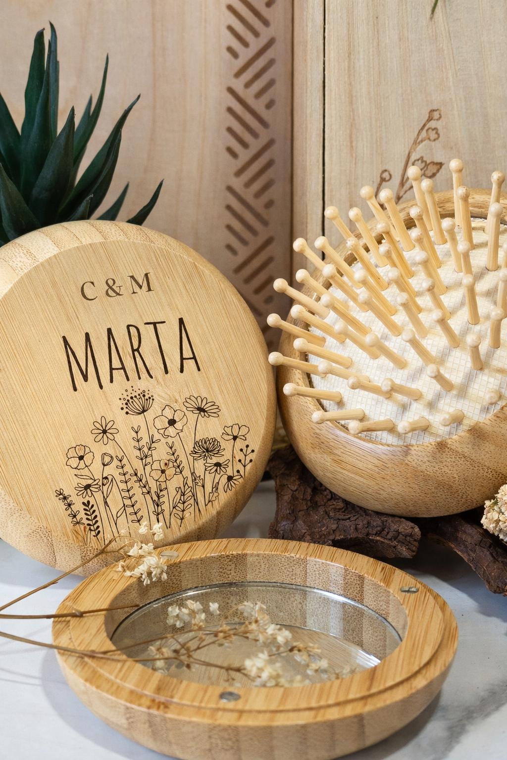 Set espejo y cepillo de Bambú Personalizado para Boda – Detalle Original para Invitados