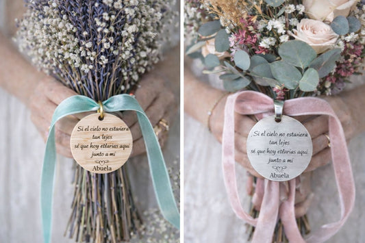 Medalla personalizada para ramo de novia en madera o acero inoxidable - Recuerdo especial boda
