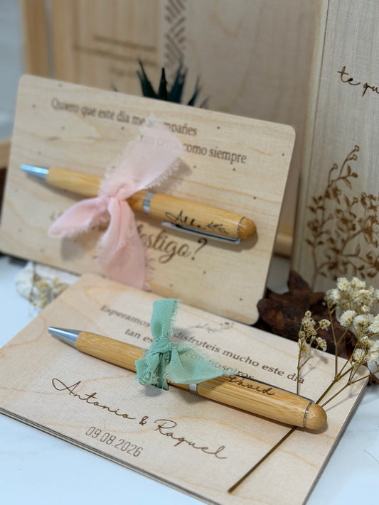 Placa premium grabada a láser con bolígrafo para testigo o invitados de boda
