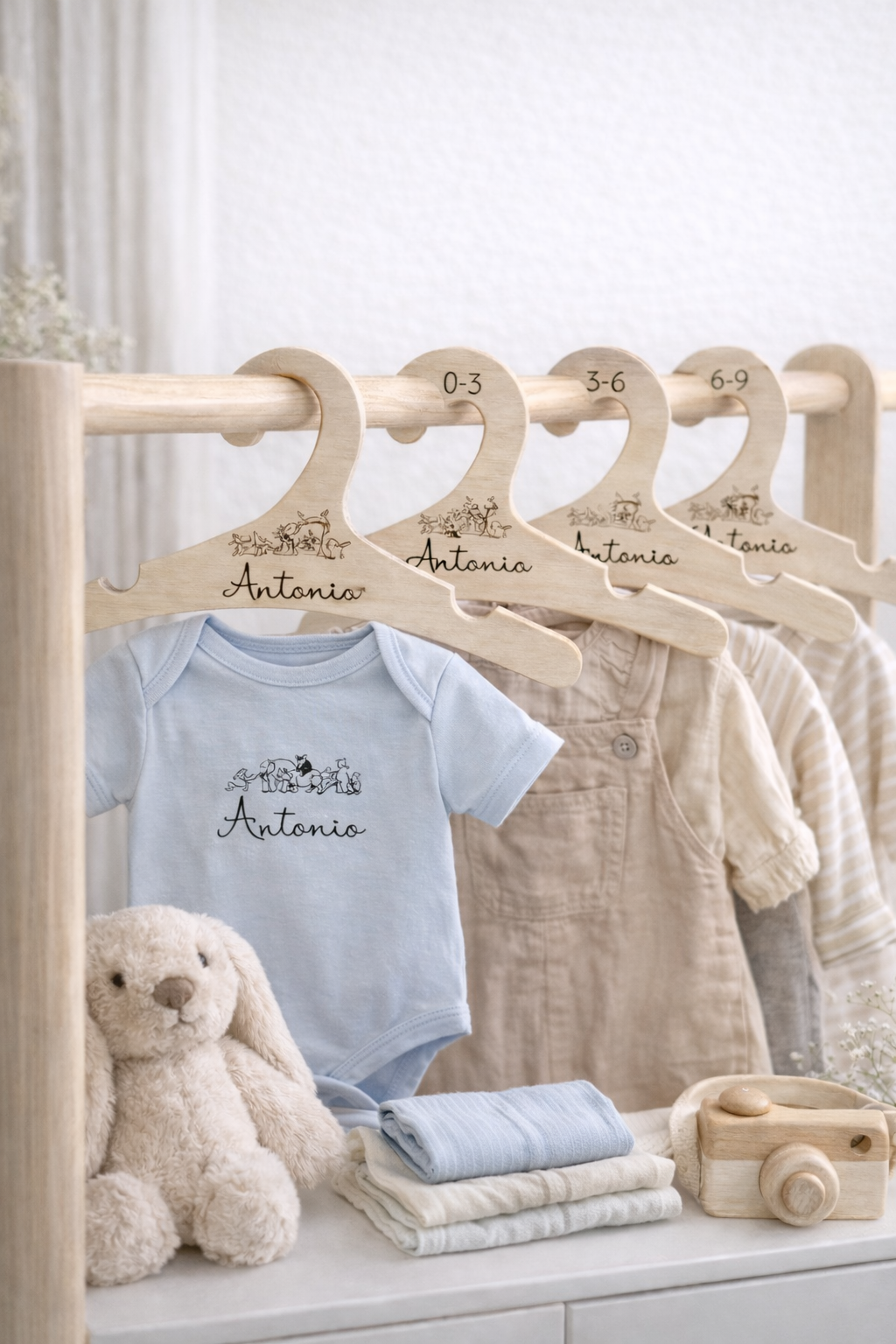 Pack Perchas Personalizadas Bebé · Organización por Tallas en Madera Natural