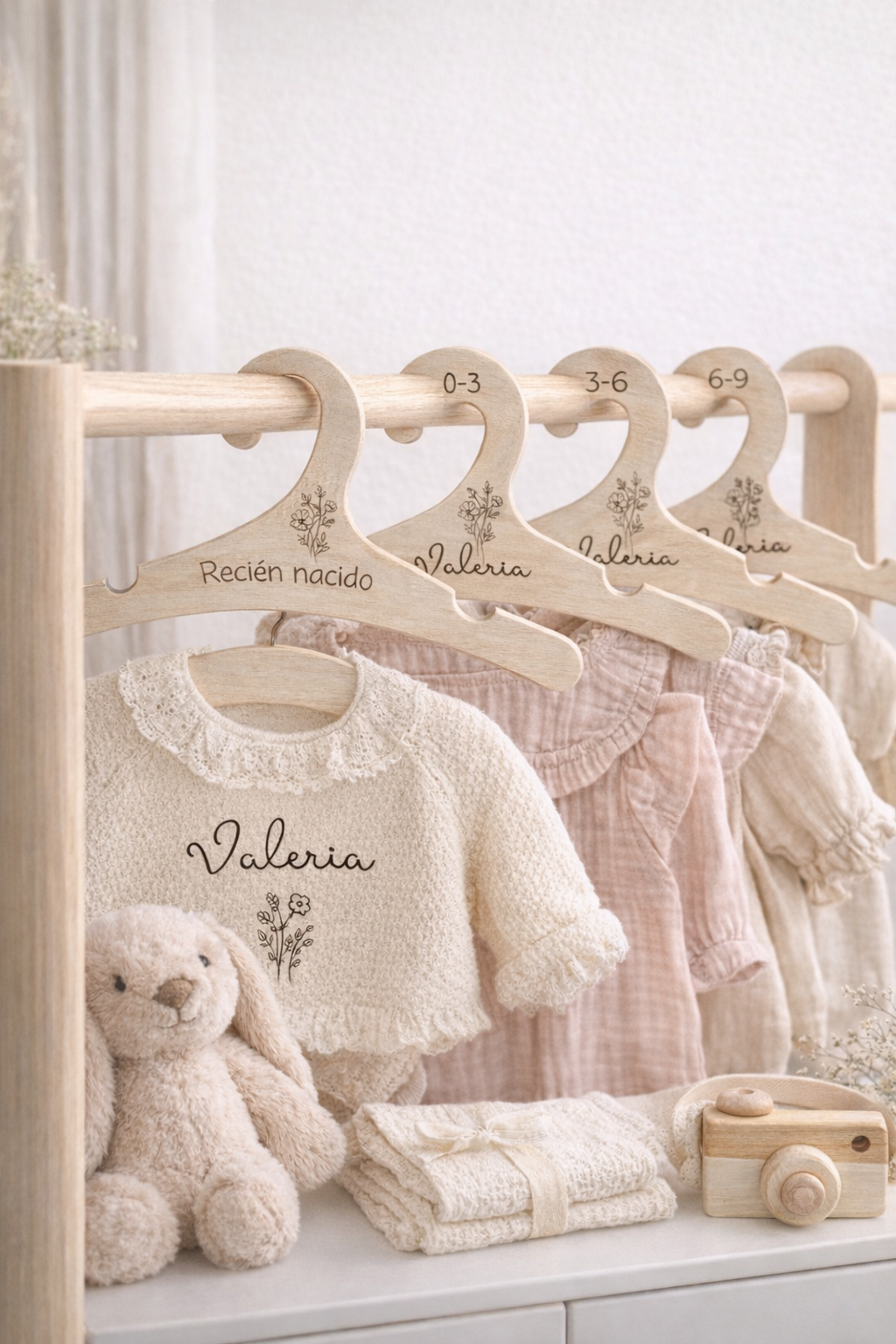 Pack Perchas Personalizadas Bebé · Organización por Tallas en Madera Natural