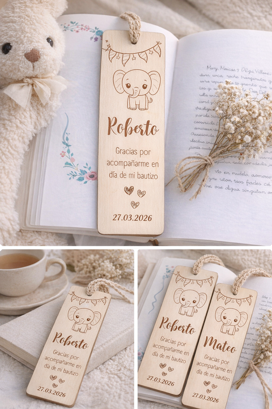 Marcapáginas de Madera Personalizado para Bautizo – Recuerdo Grabado con Nombre y Fecha