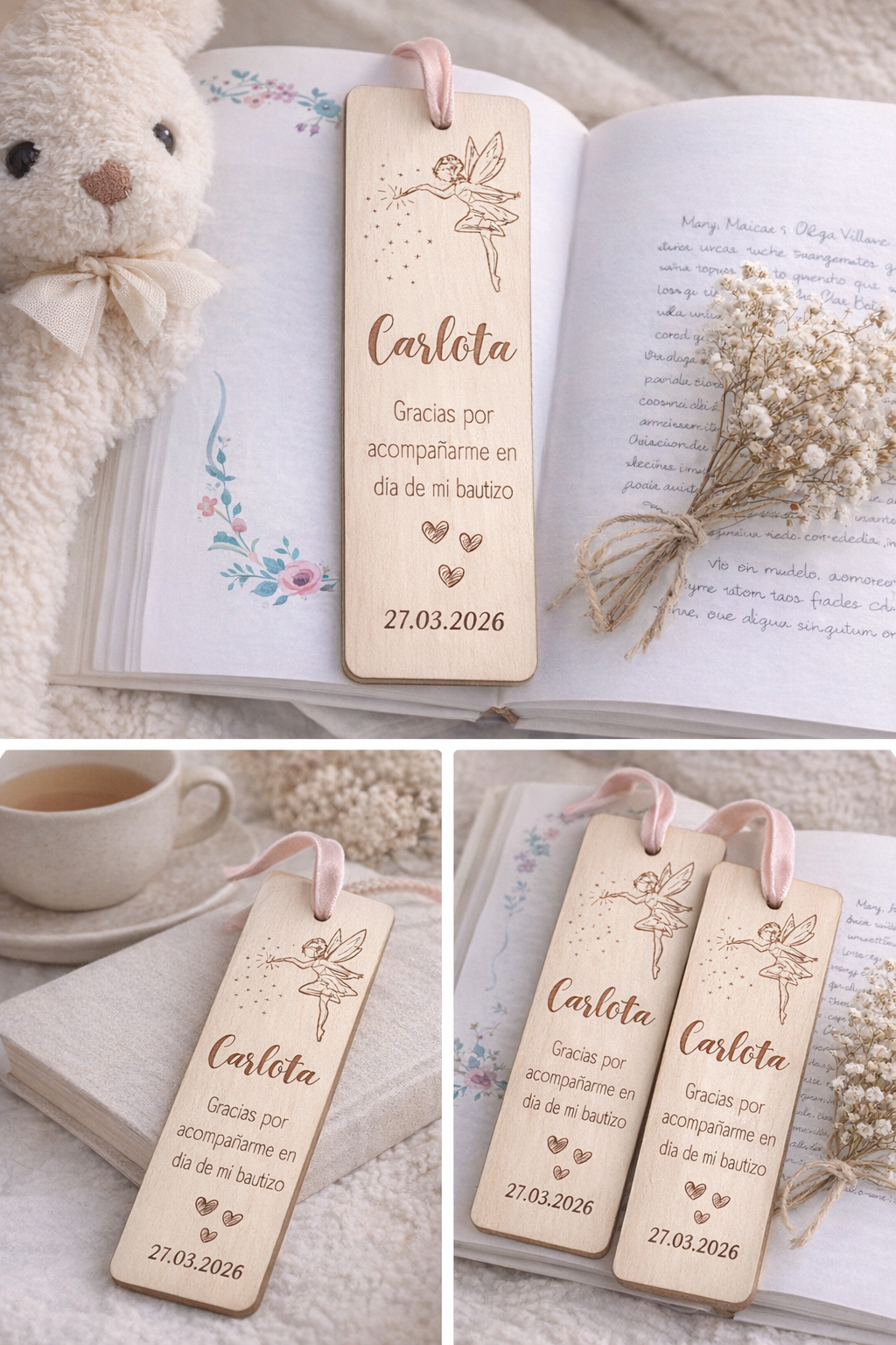 Marcapáginas de Madera Personalizado para Bautizo – Recuerdo Grabado con Nombre y Fecha