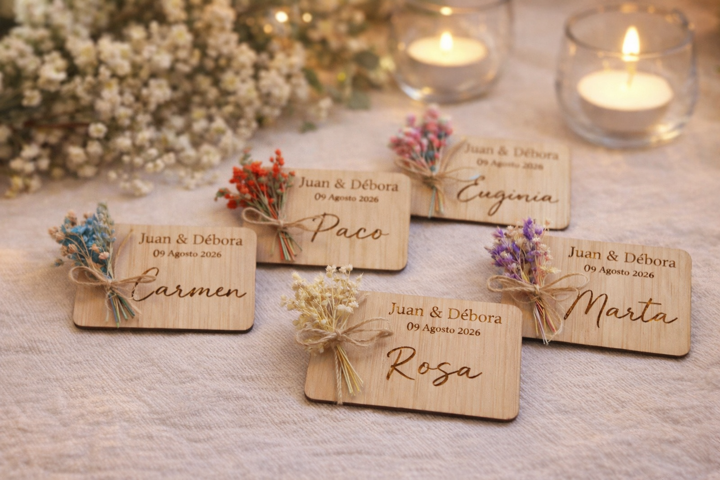Marcador de Sitio Personalizado en Madera con Ramito Seco | Detalle de Boda Natural