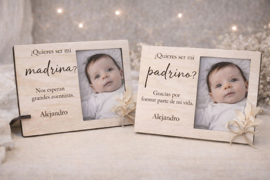 Marco de Madera Personalizado “¿Quieres ser mi Madrina / Padrino?” con Foto