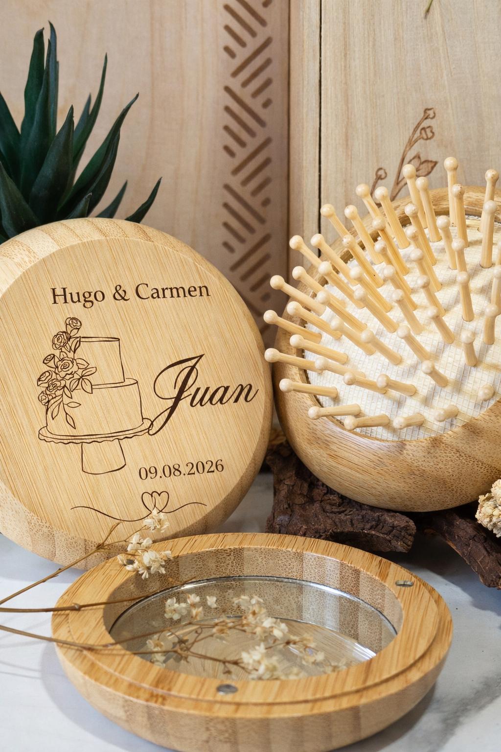 Set espejo y cepillo de Bambú Personalizado para Boda – Detalle Original para Invitados