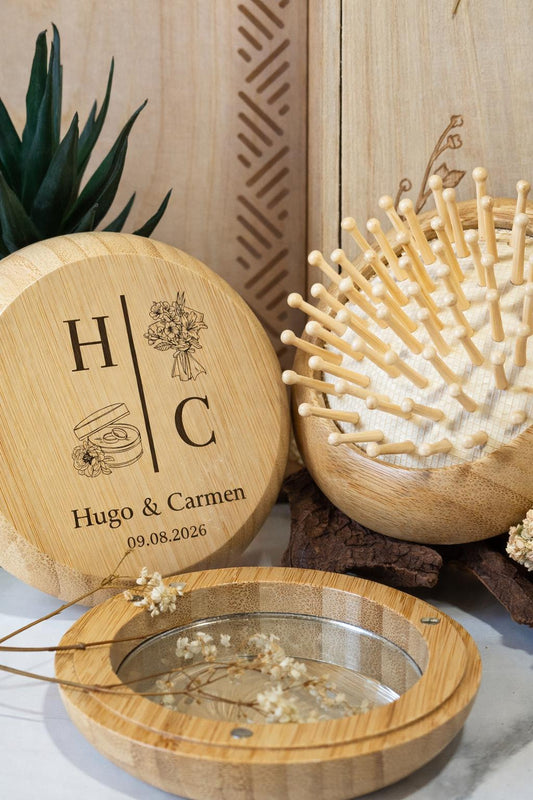 Set espejo y cepillo de Bambú Personalizado para Boda – Detalle Original para Invitados