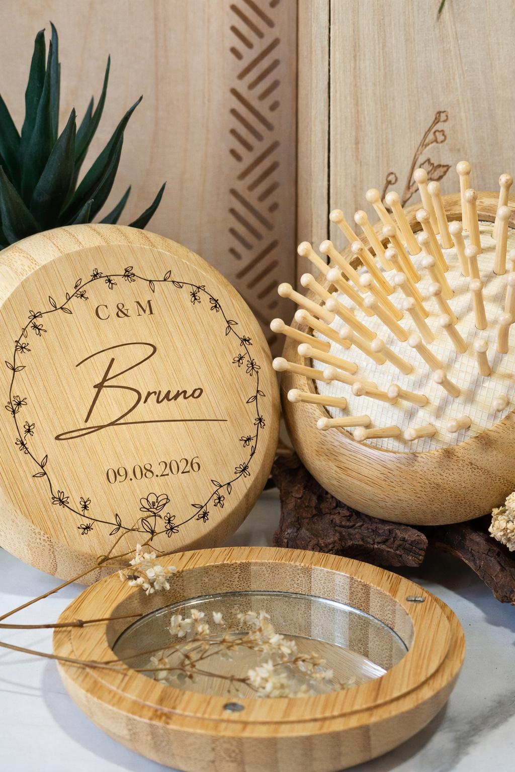 Set espejo y cepillo de Bambú Personalizado para Boda – Detalle Original para Invitados