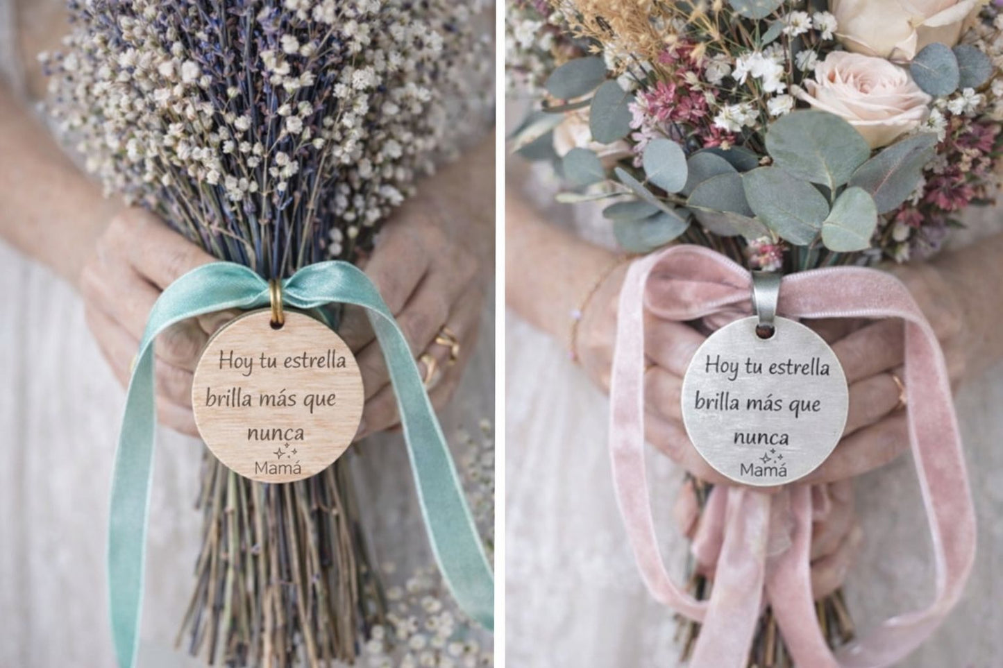 Medalla personalizada para ramo de novia en madera o acero inoxidable - Recuerdo especial boda