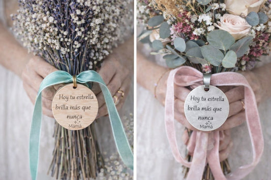 Medalla personalizada para ramo de novia en madera o acero inoxidable - Recuerdo especial boda