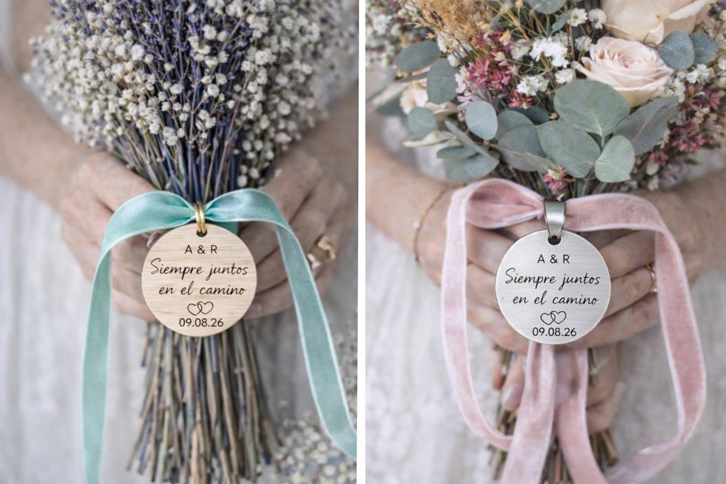 Medalla personalizada para ramo de novia en madera o acero inoxidable - Recuerdo especial boda