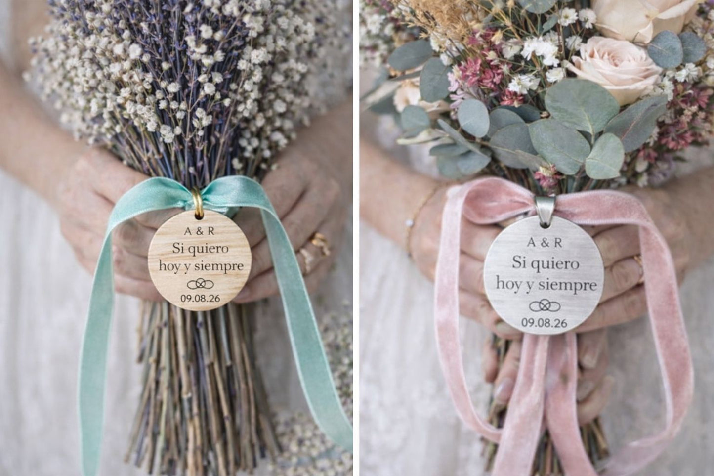 Medalla personalizada para ramo de novia en madera o acero inoxidable - Recuerdo especial boda